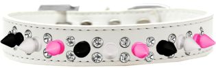 Double Crystal with Black, White and Bright Pink Spikes Dog Collar